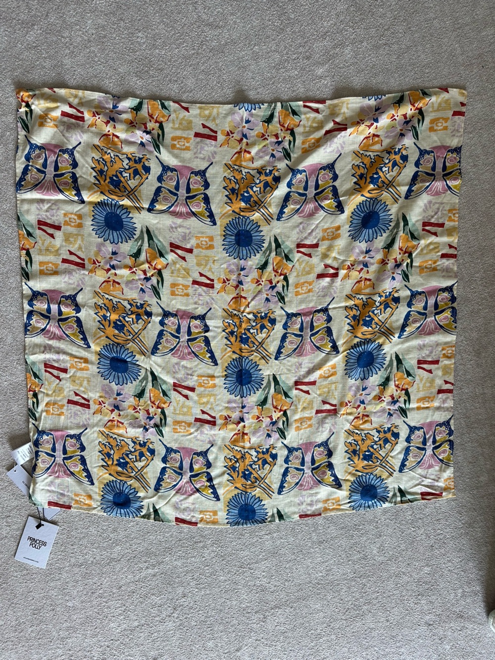 Princess Polly Cream Scarf with Blue, Yellow & Pink Floral & Butterfly Print